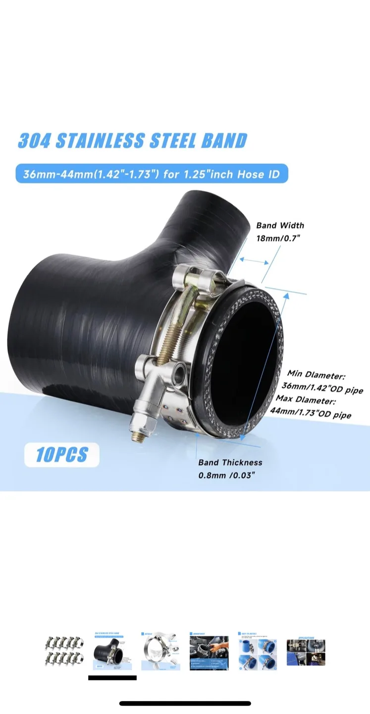 10-Pack T Bolt Hose Clamp 36-44mm (1.42"-1.73") image indicator(2)