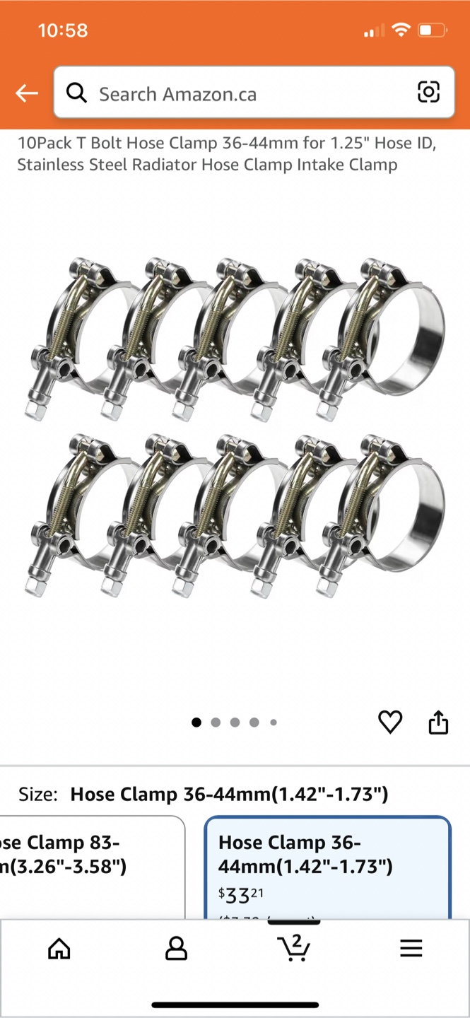 10-Pack T Bolt Hose Clamp 36-44mm (1.42"-1.73")