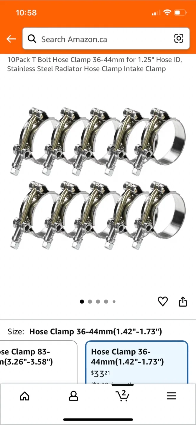 10-Pack T Bolt Hose Clamp 36-44mm (1.42"-1.73")