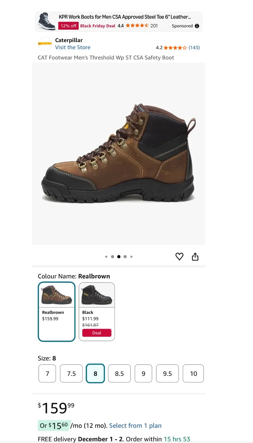 Caterpillar Threshold Wp ST CSA Safety Boot - Size 8 Like New