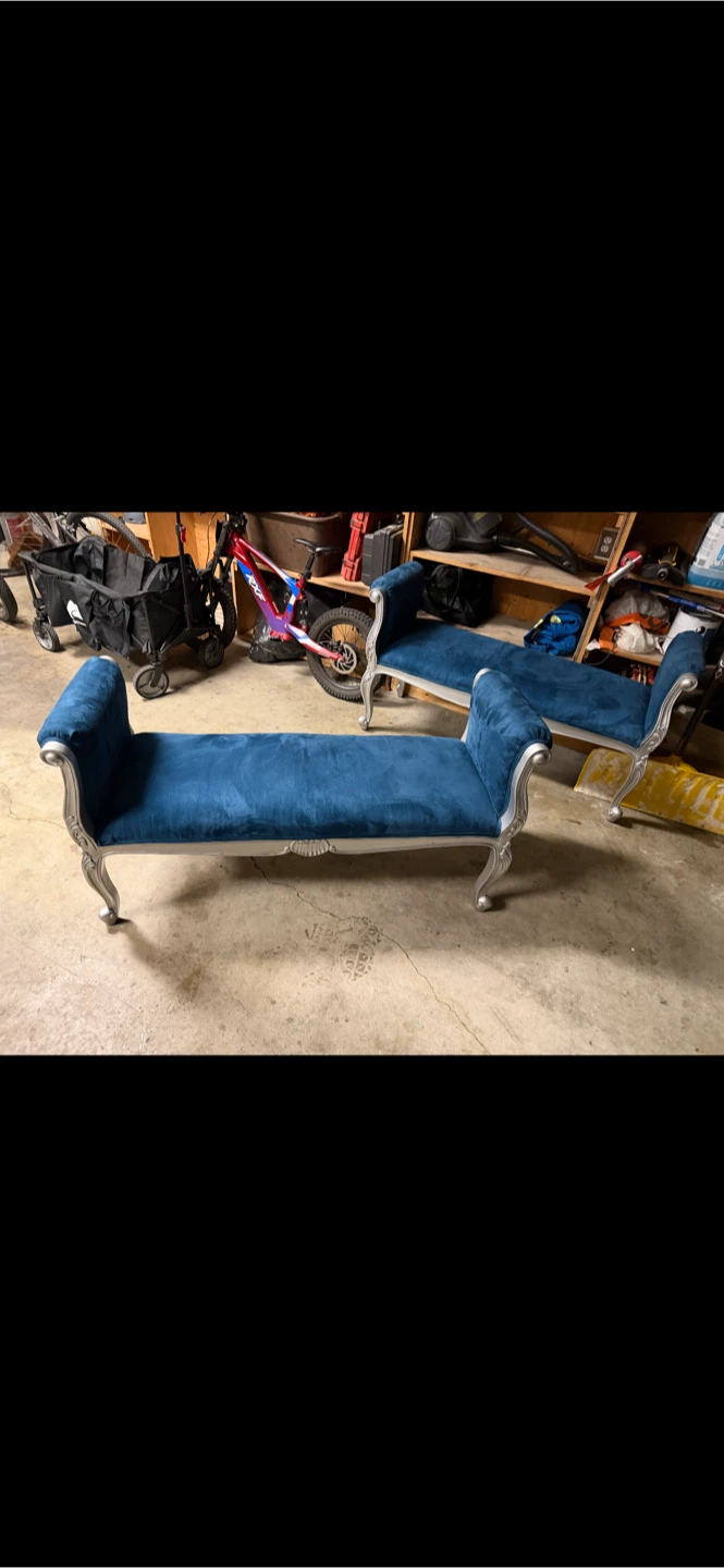 Blue Velvet Bench with Silver Frame