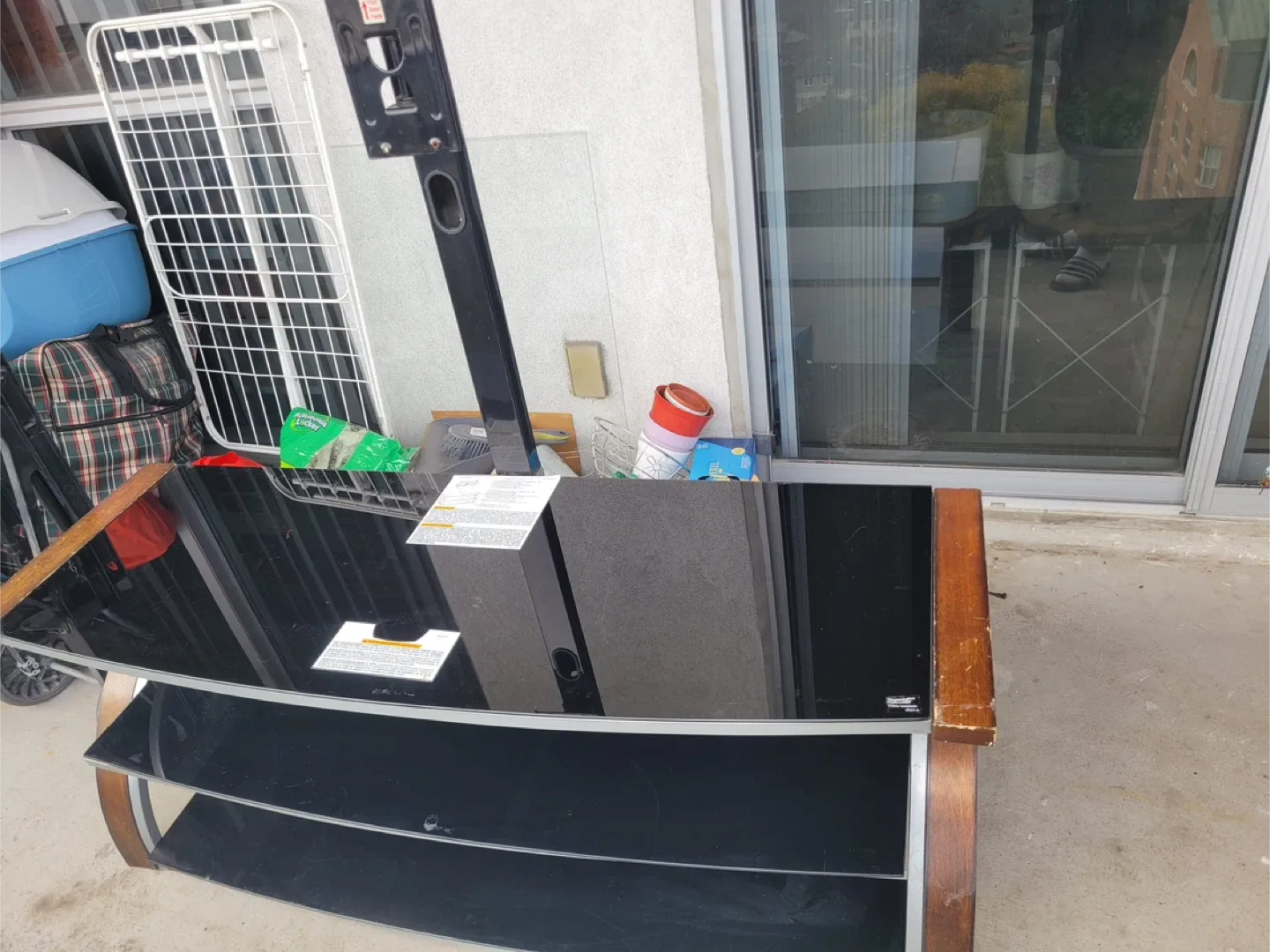 Black Glass TV Stand with Wooden Accents image indicator(2)