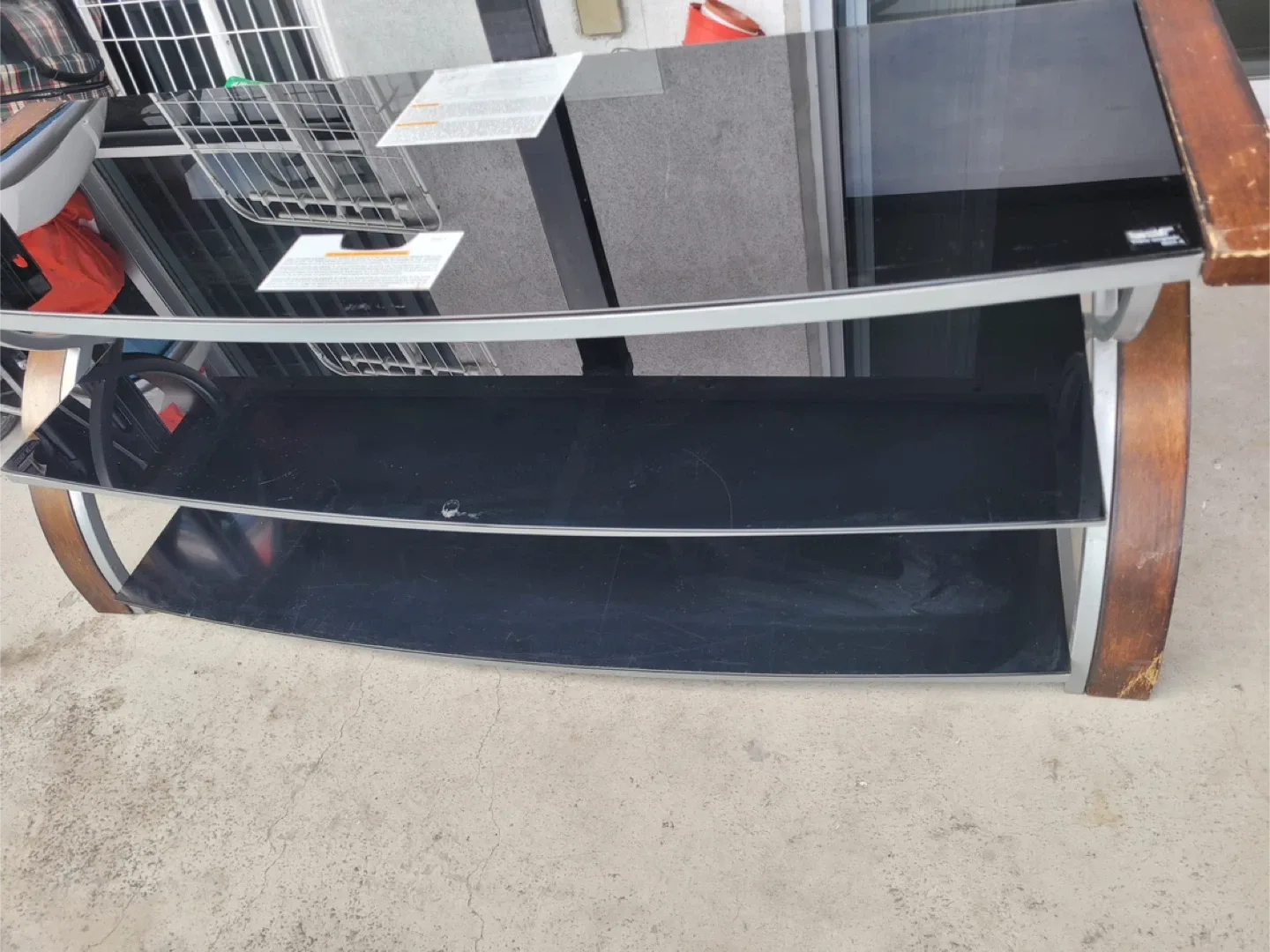 Black Glass TV Stand with Wooden Accents