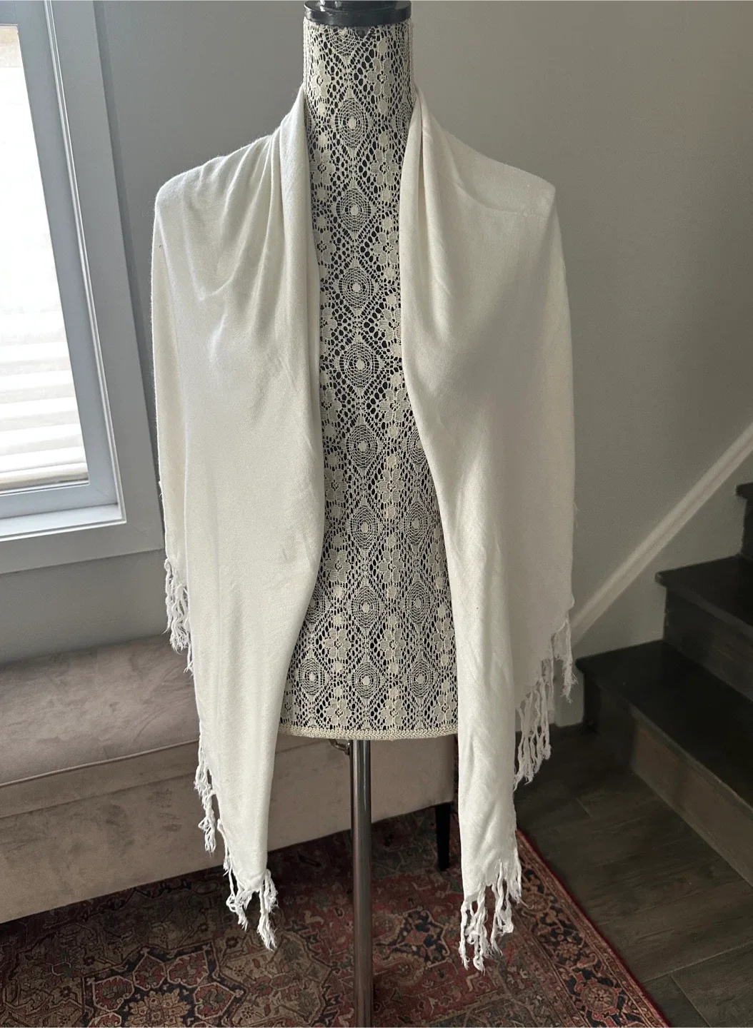 White Square Shawl with Tassels- New - $1