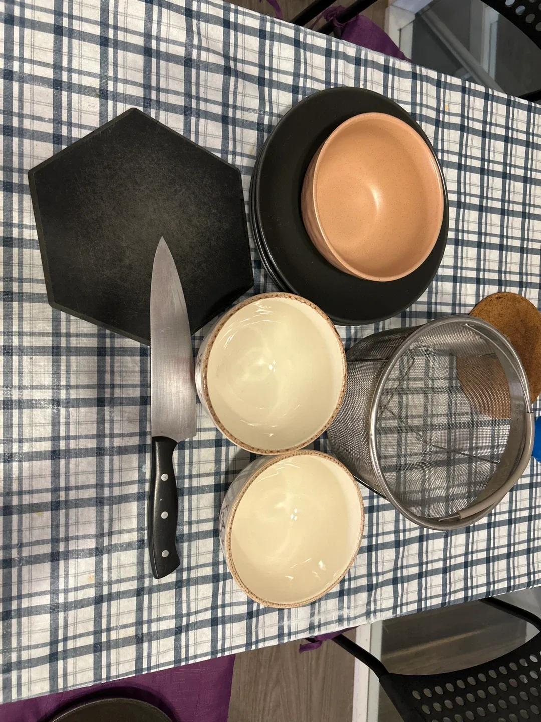 Bowls, Plates, Colander & Knife and Cutting Board