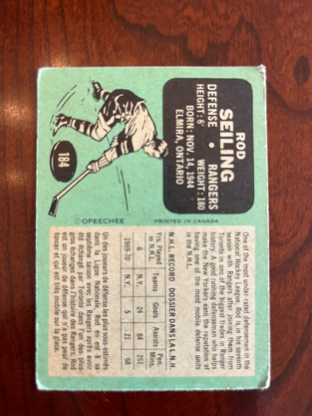 1970 O-Pee-Chee #184 Rod Seiling Rangers image indicator(2)