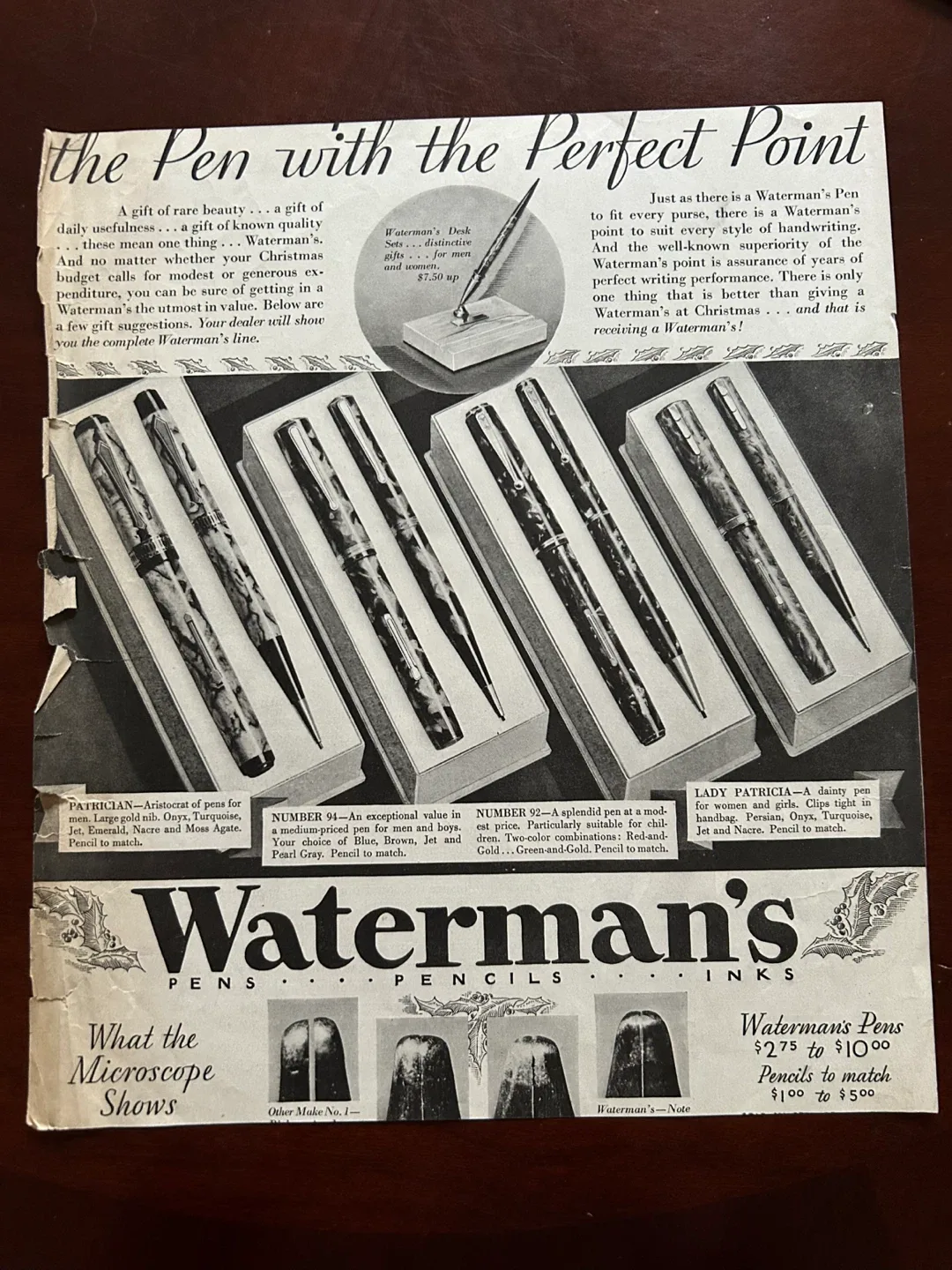 Waterman's pen fountain vintage antique ad 1920s 1930s art