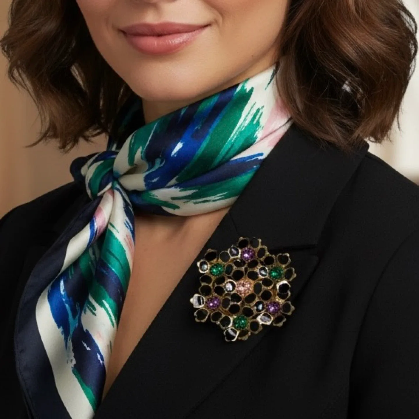 Vintage Enamel Rhinestone Flower Brooch Pin