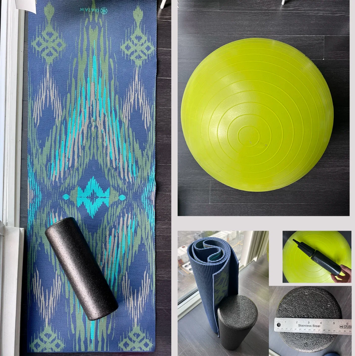 Yoga Mat + Foam Roller + Exercise Ball