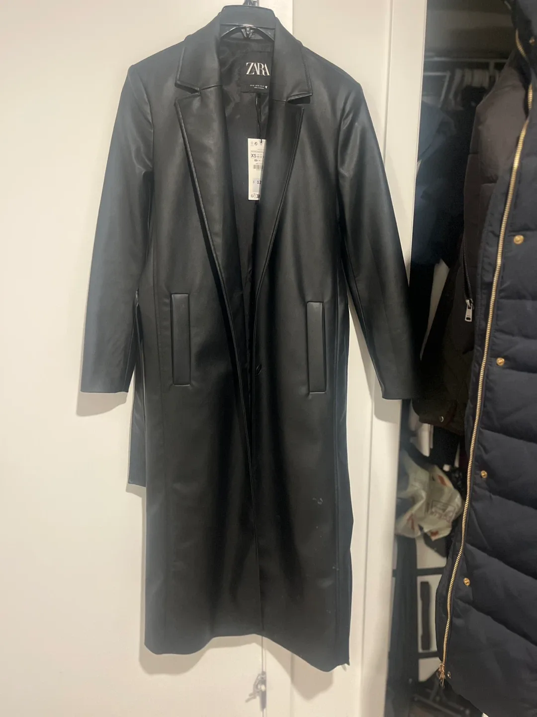 Zara Black Faux Leather Trench Coat XS
