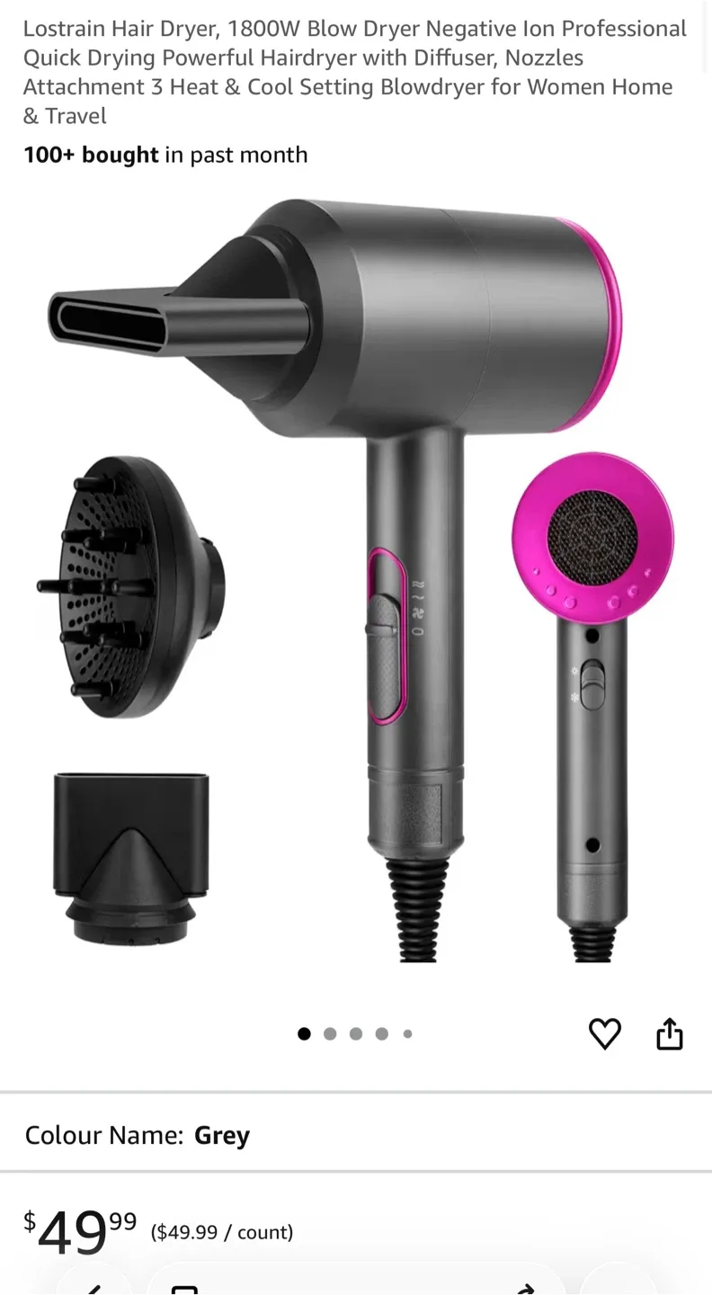 Lostrain 1800W Negative Ion Hair Dryer - Grey