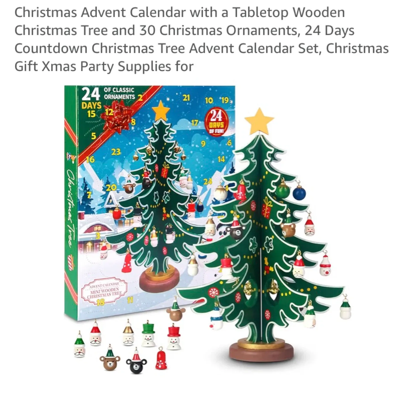 New Advent Calendar Wooden Christmas Tree with Ornaments