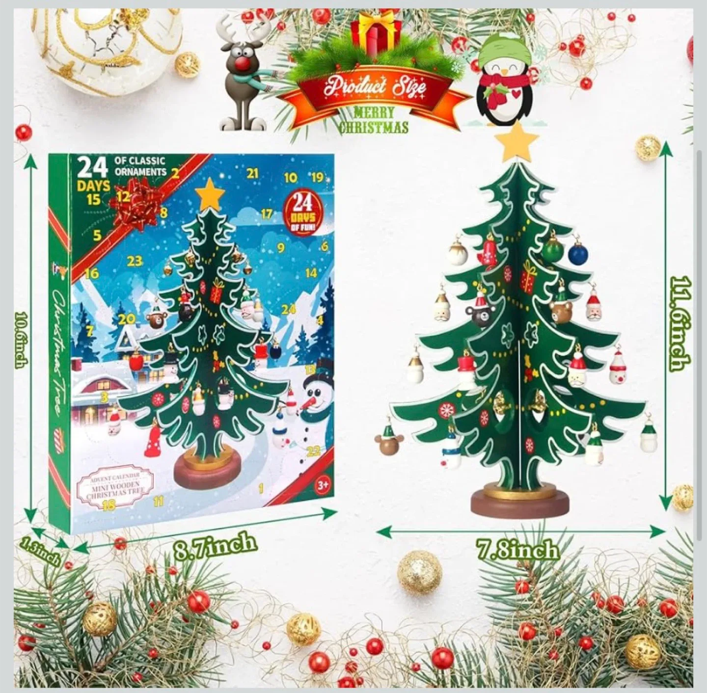 New Advent Calendar Wooden Christmas Tree with Ornaments image indicator(2)