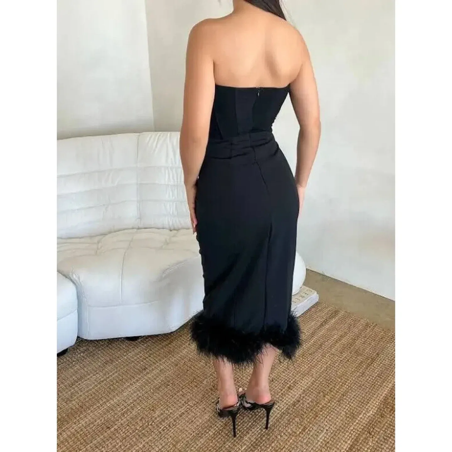 Strapless Feathered Midi Dress w/ Corset – New, Orig $199 image indicator(4)