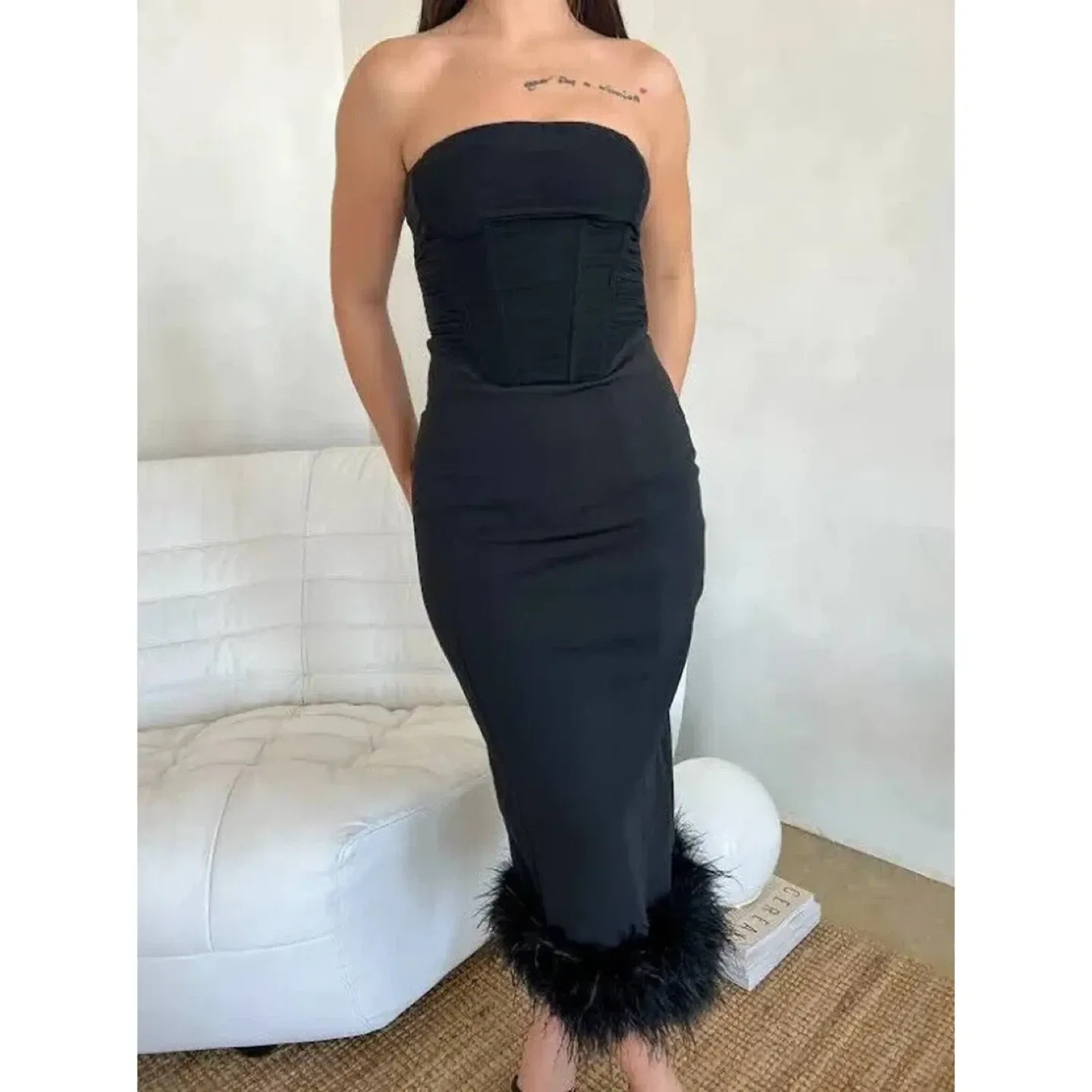 Strapless Feathered Midi Dress w/ Corset – New, Orig $199 image indicator(3)