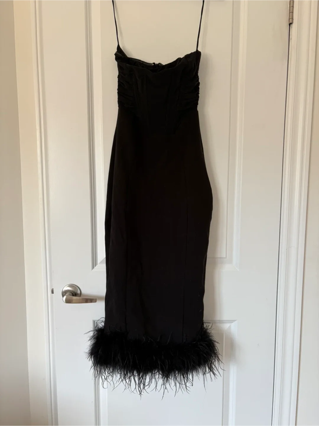 Strapless Feathered Midi Dress w/ Corset – New, Orig $199 image indicator(5)