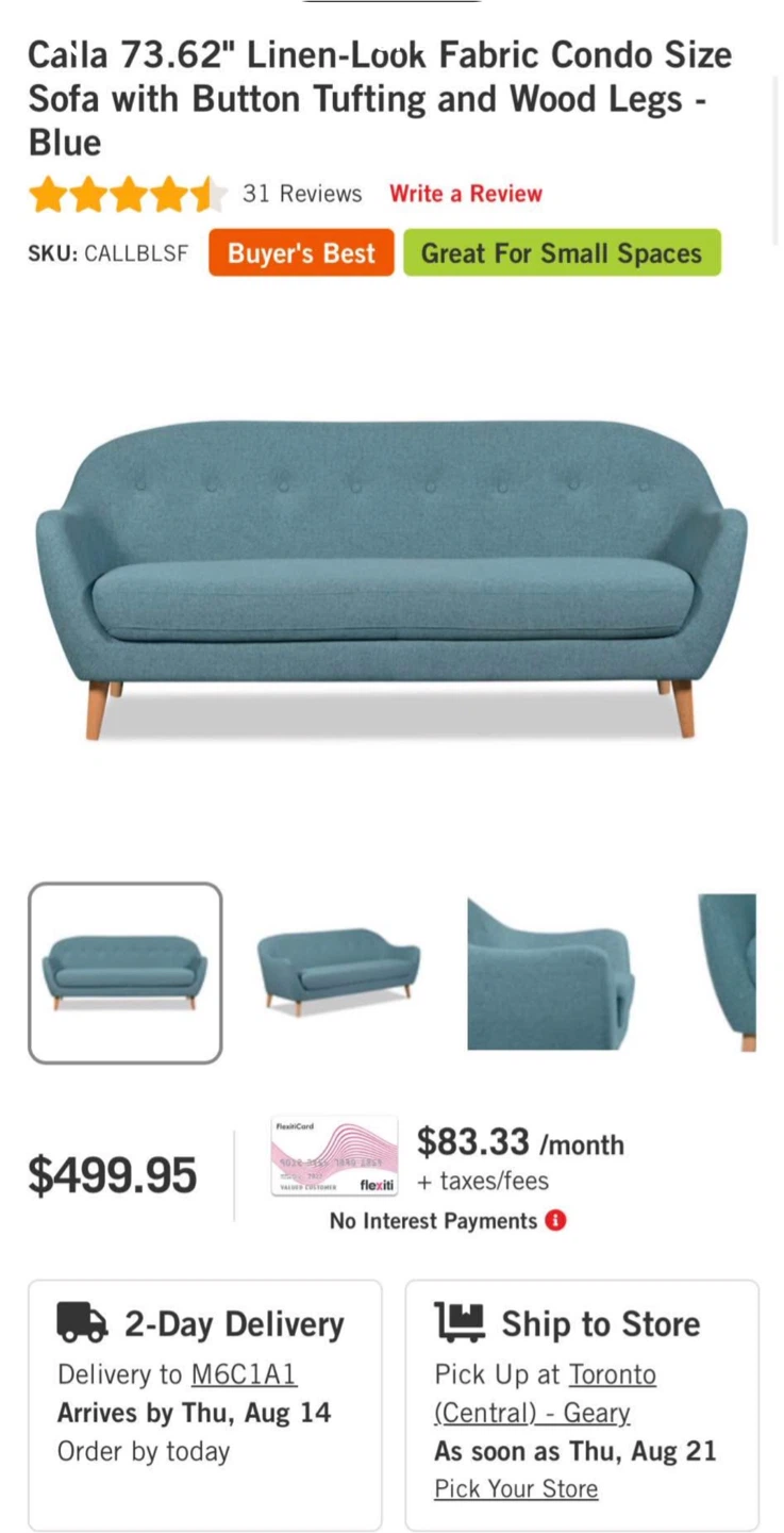 Caila 73.62" Condo Size Sofa - Blue - photo 2