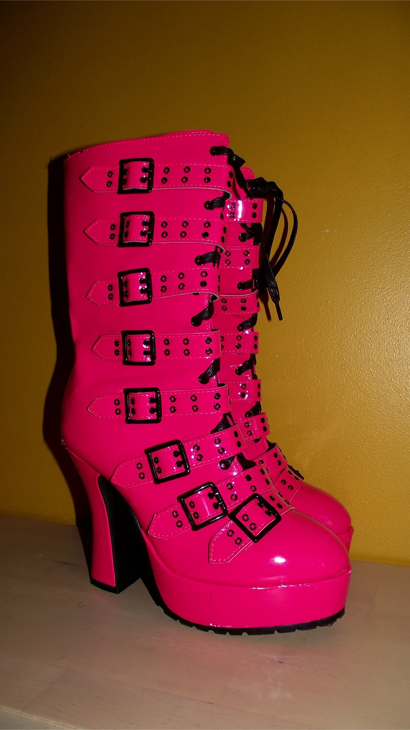 Pink Platform Buckle Boots