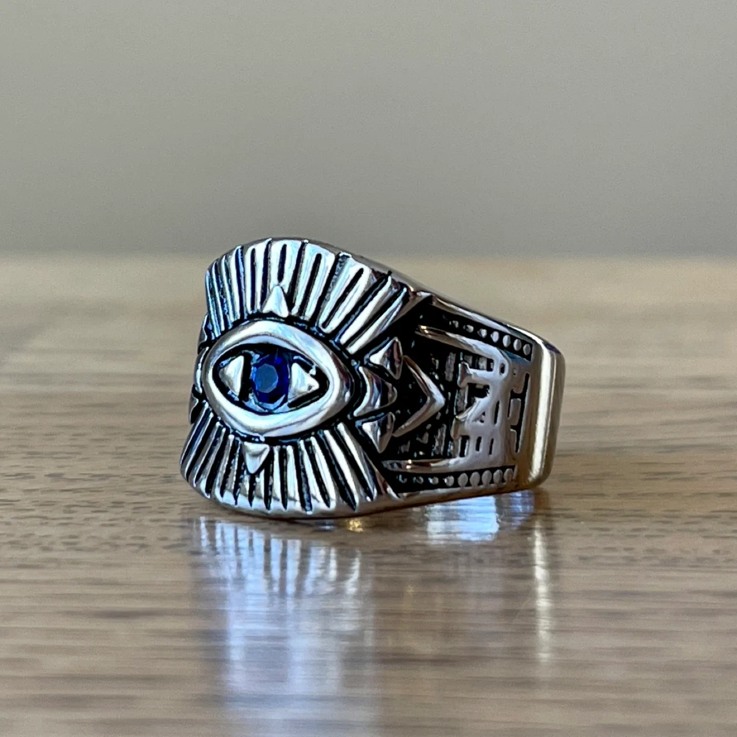 Evil “blue” eye stainless steel ring (size 11)