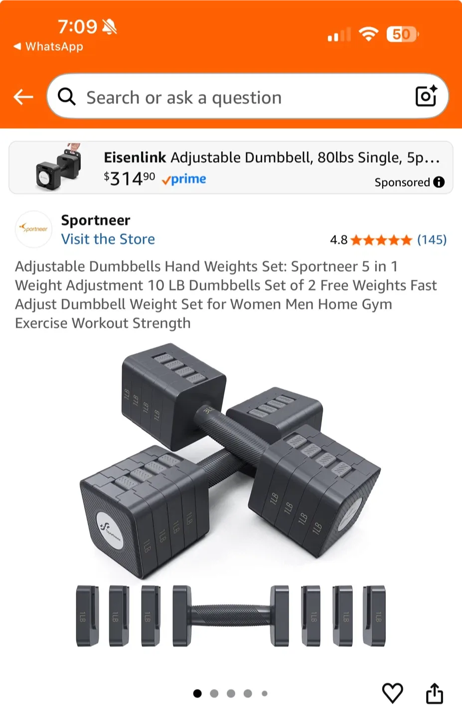 Sportneer Adjustable Dumbbell 10 LB unused and unopened box