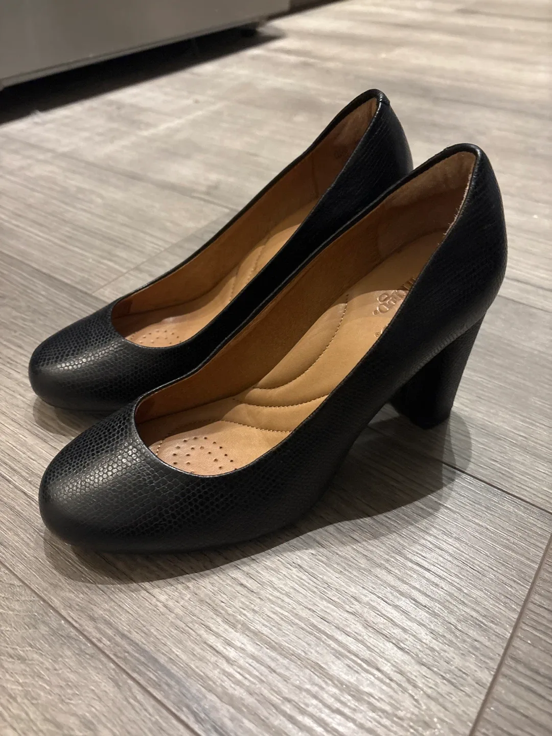 Clarks Black Leather Block Heel Pumps
