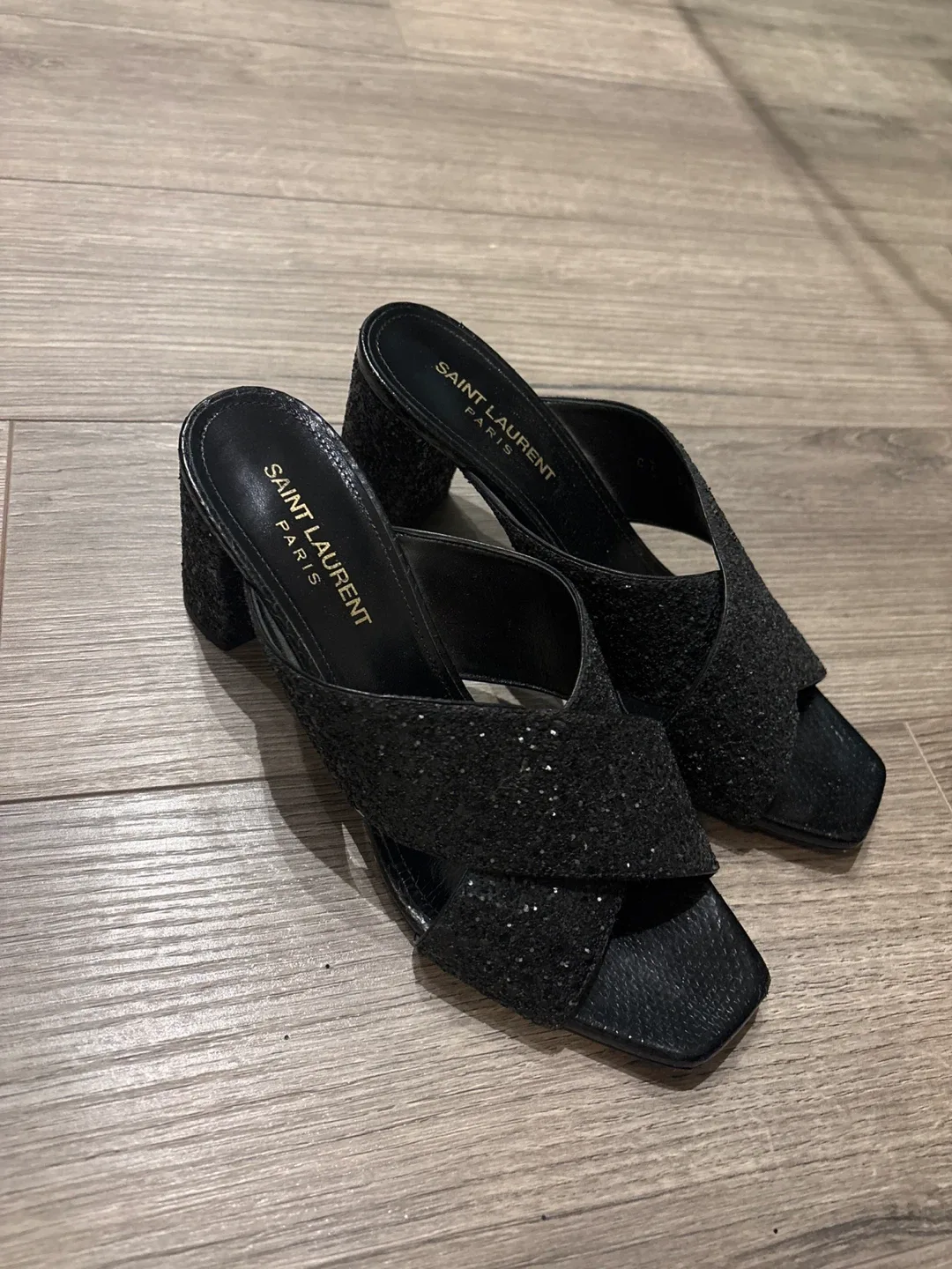 Saint Laurent Black Glitter Mules Size 37.5 image indicator(2)