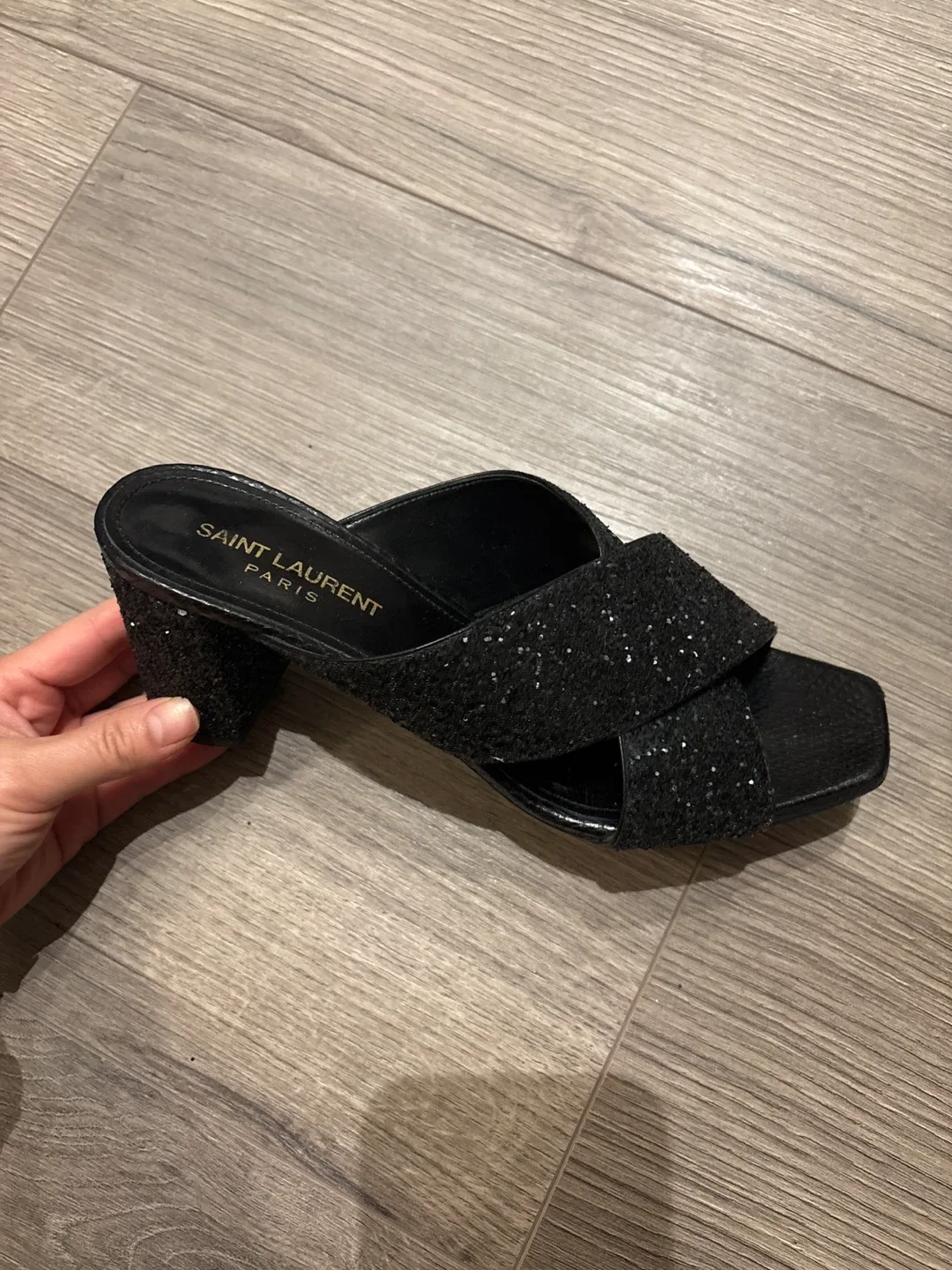 Saint Laurent Black Glitter Mules Size 37.5
