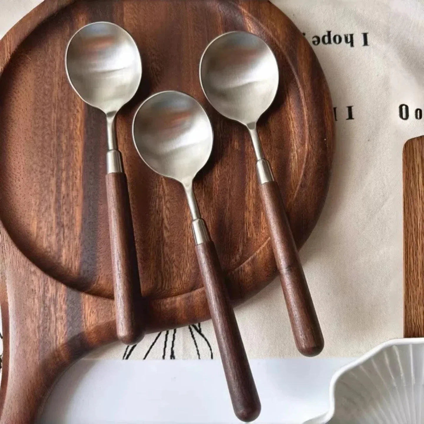 Wooden Handle Stainless Steel Spoon（three pieces）