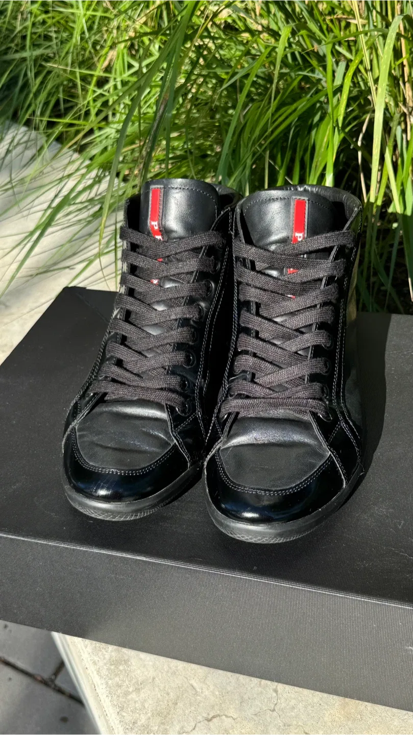 PRADA Black Leather High Top Sneakers Men
