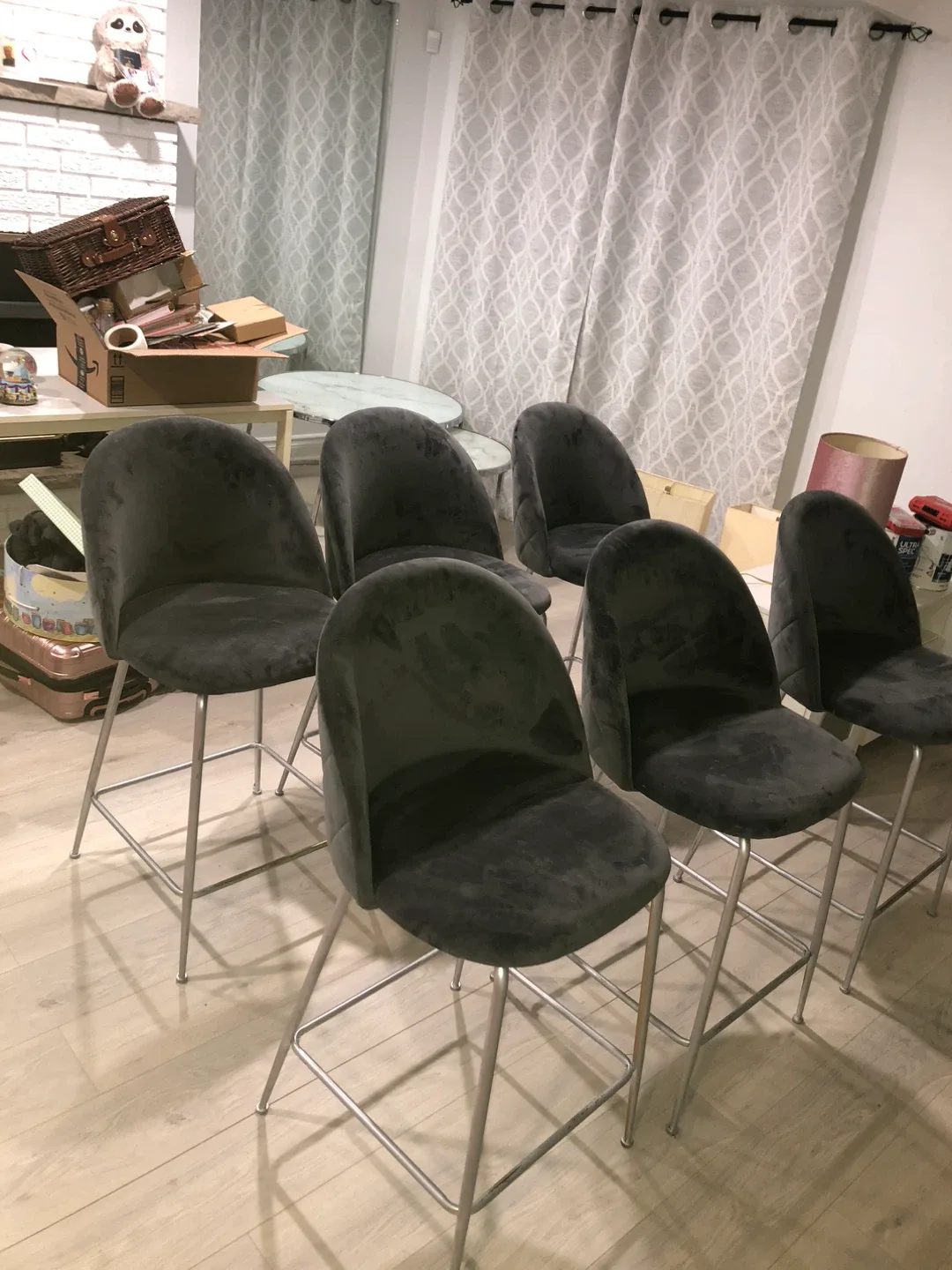 Set of 6 Grey Velvet Bar Stools
