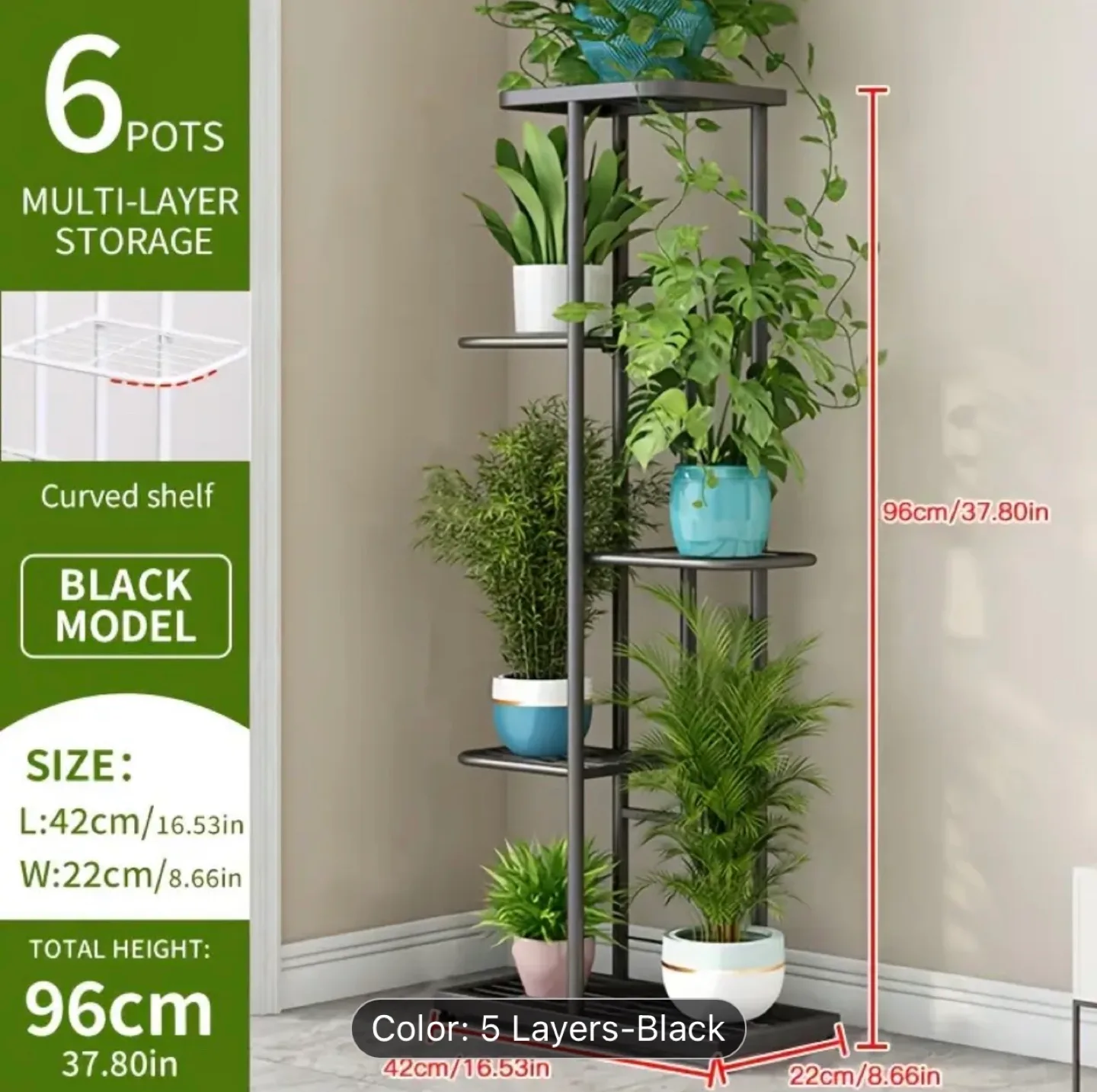 Brand New-Black 6-Pot Multi-Layer Plant Stand