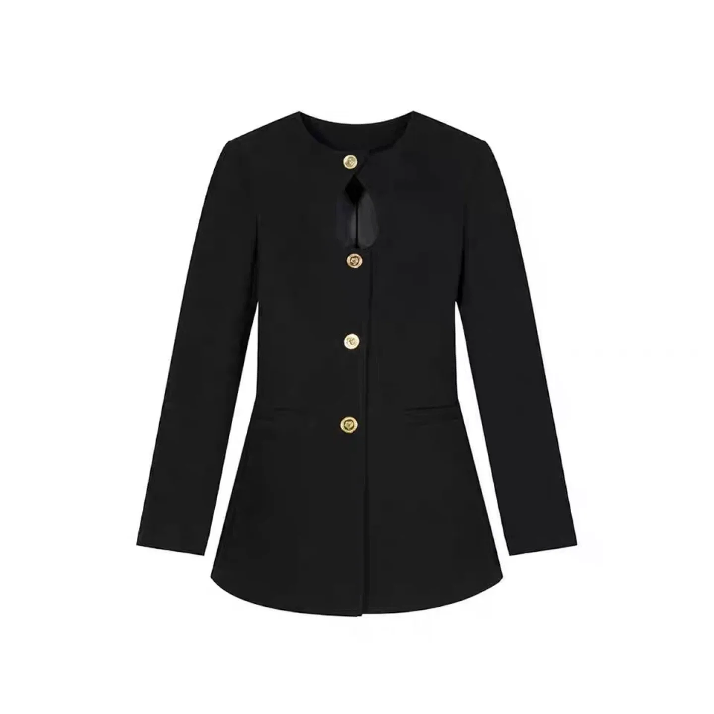 New Black Collarless Button-Up Blazer Dress