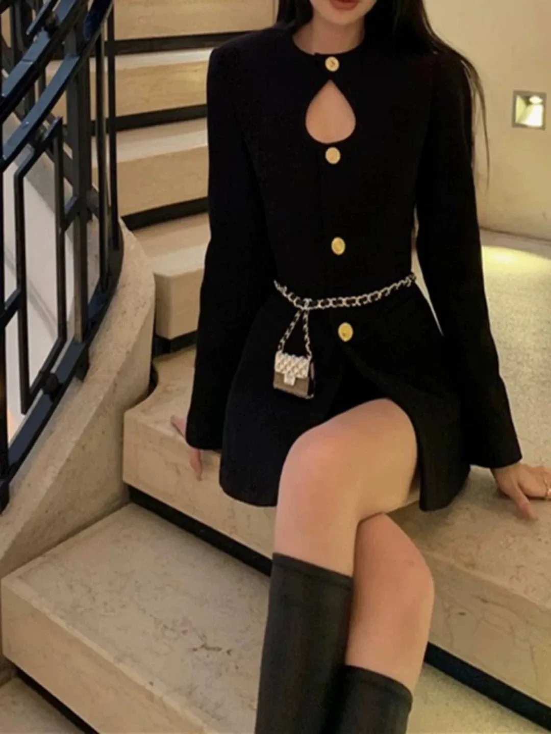 New Black Collarless Button-Up Blazer Dress image indicator(3)