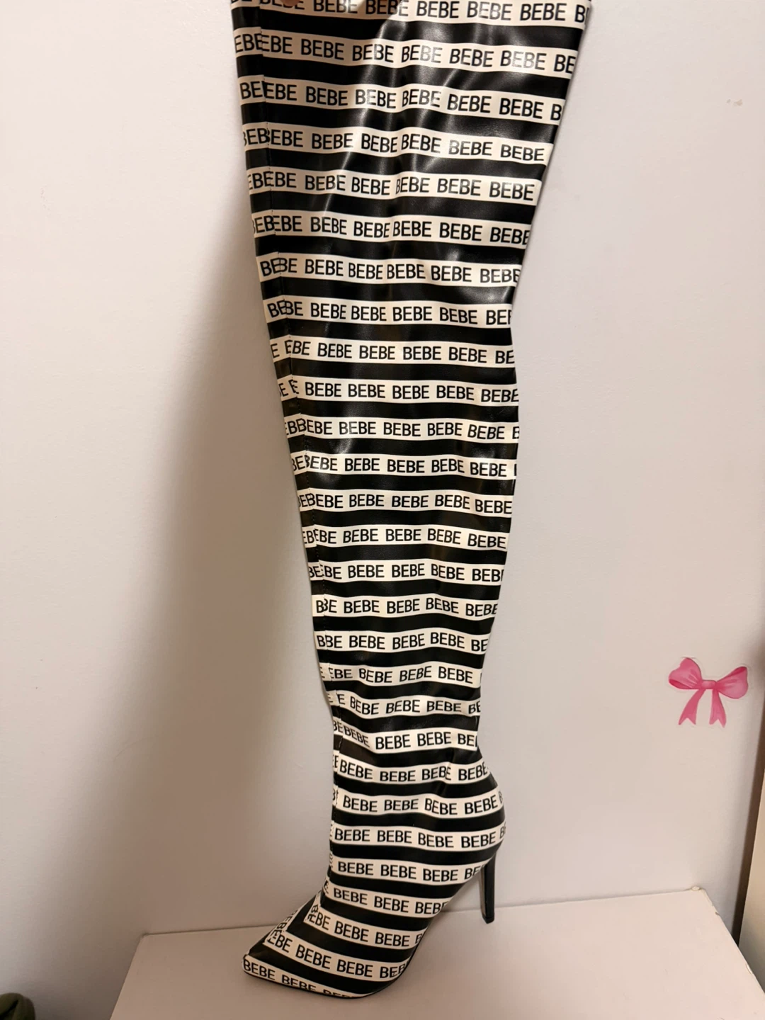 Bebe Black & White Thigh High Boots - photo 3