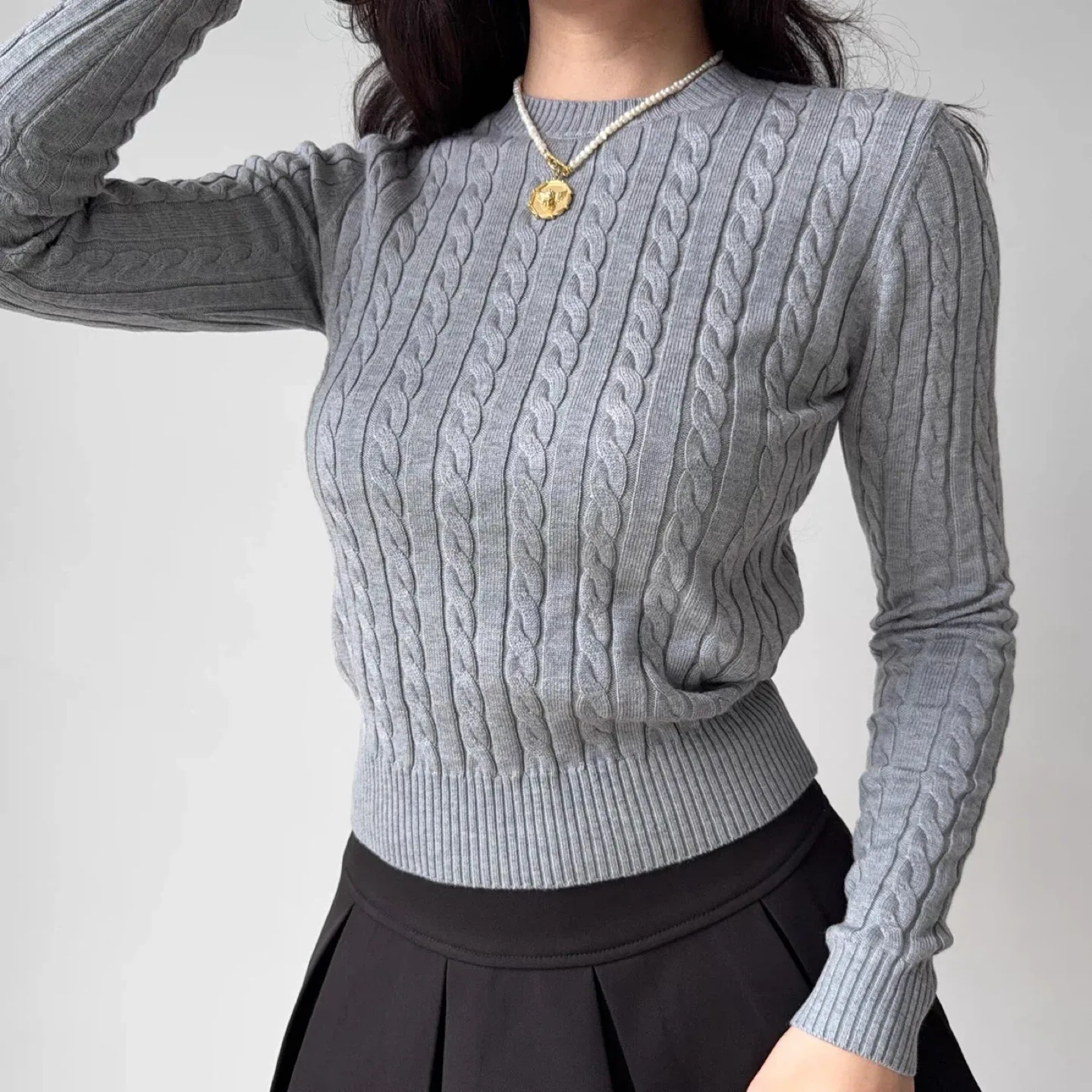 New Grey Cable Knit Sweater - Size M