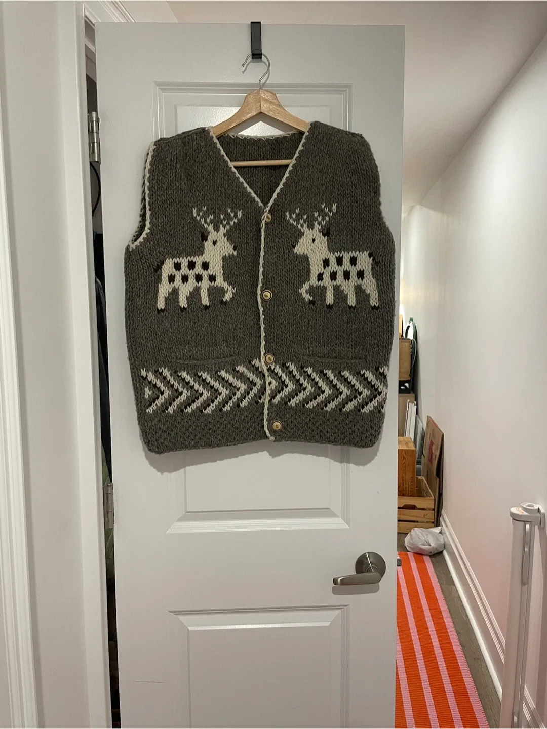 Hand-Knitted Wool Vest with Deer Design