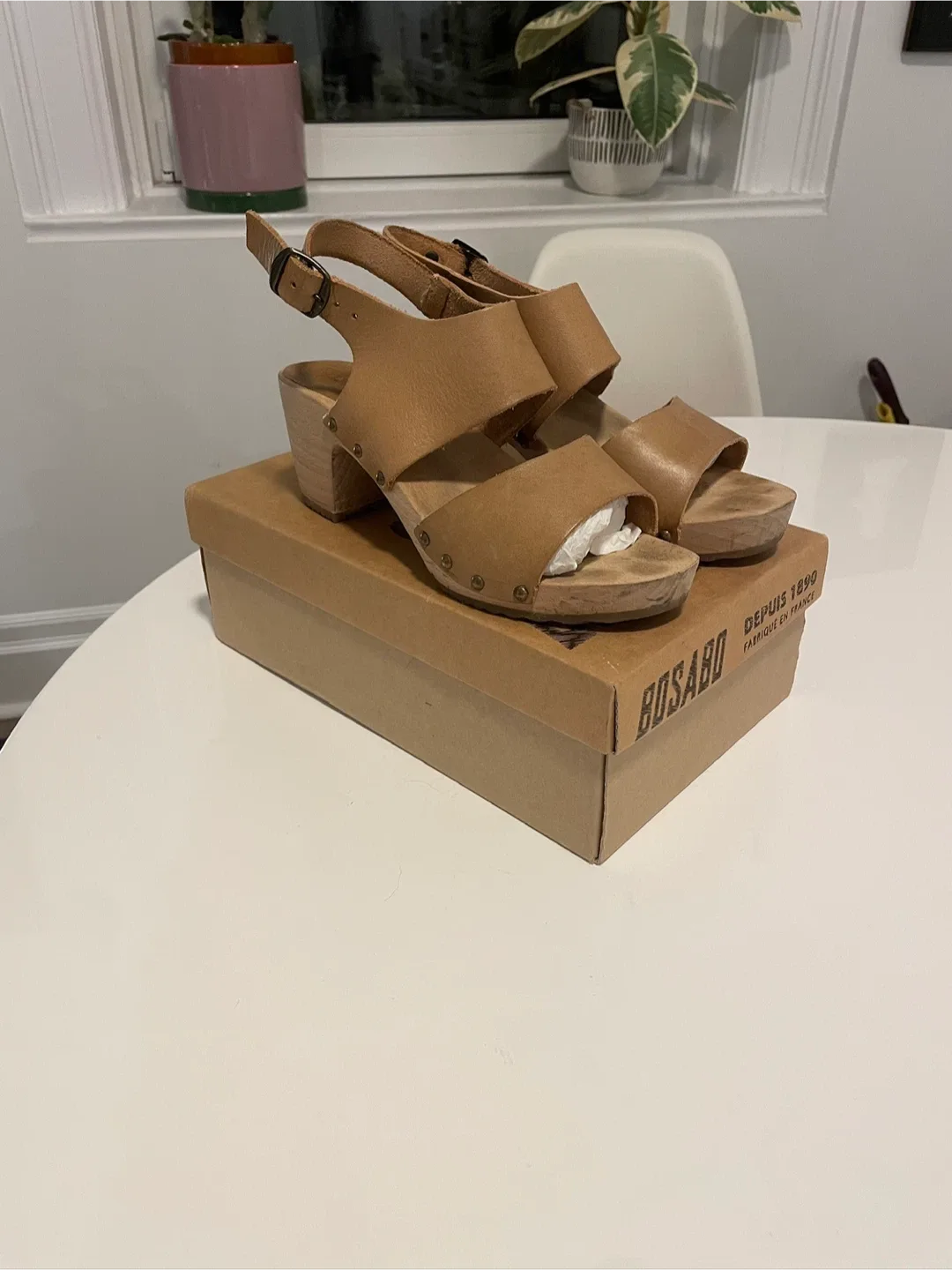 Bosabo Beige Leather Heel Cut Out Clogs - Size 9/39