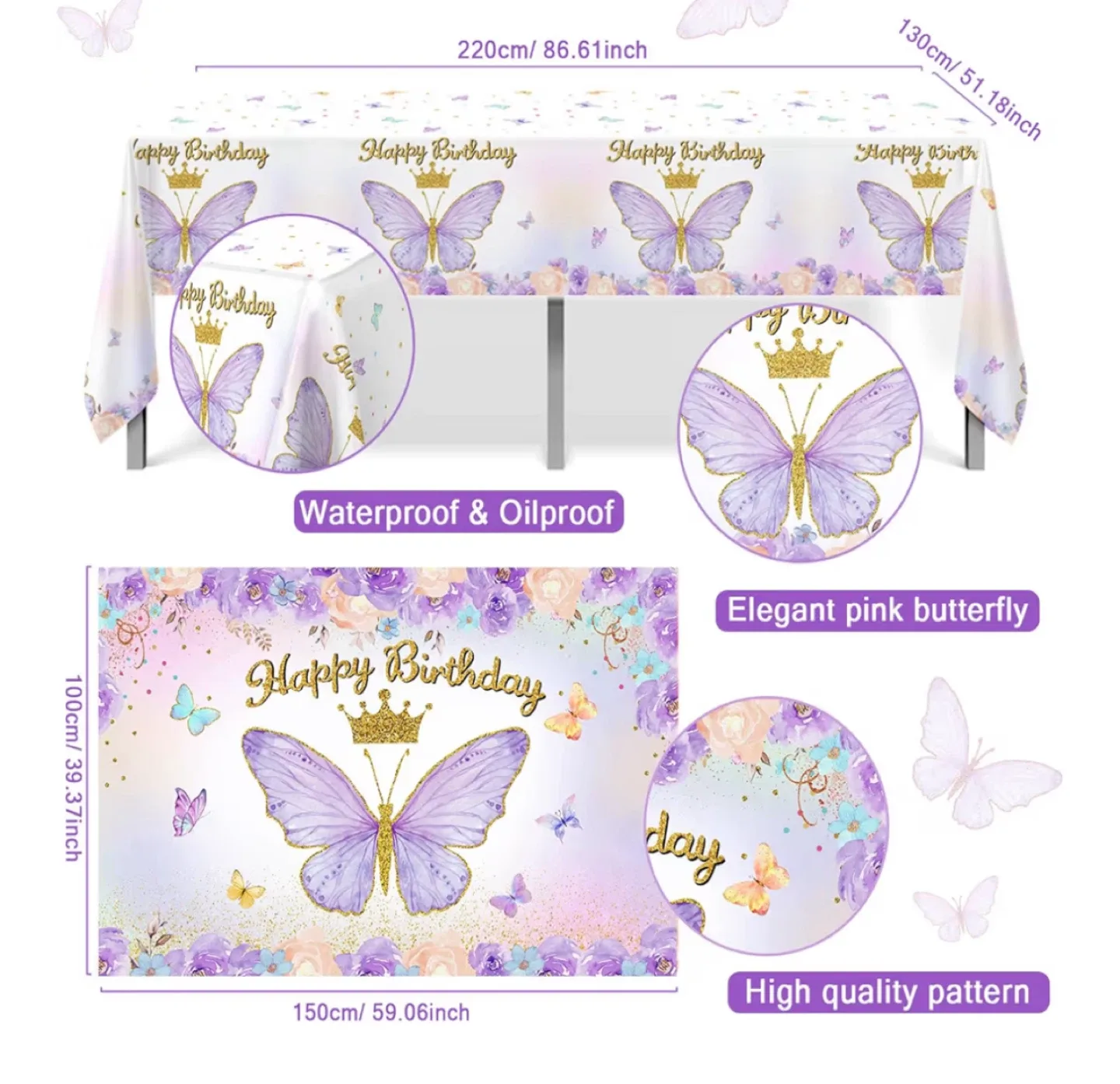Happy Birthday Butterfly Tablecloth - 220cm x 130cm