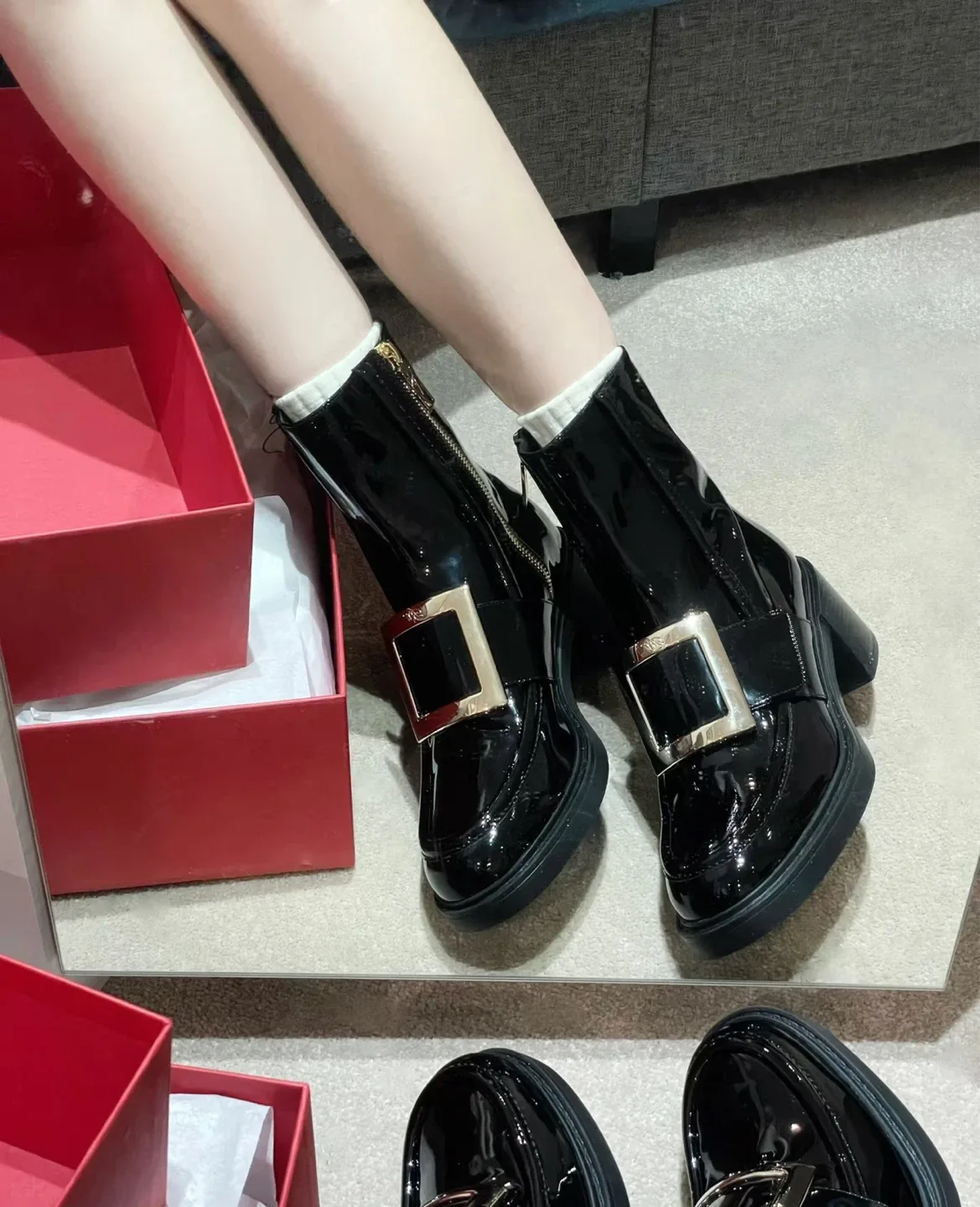 New Fashion Black Patent Leather Ankle Boots - Size 7