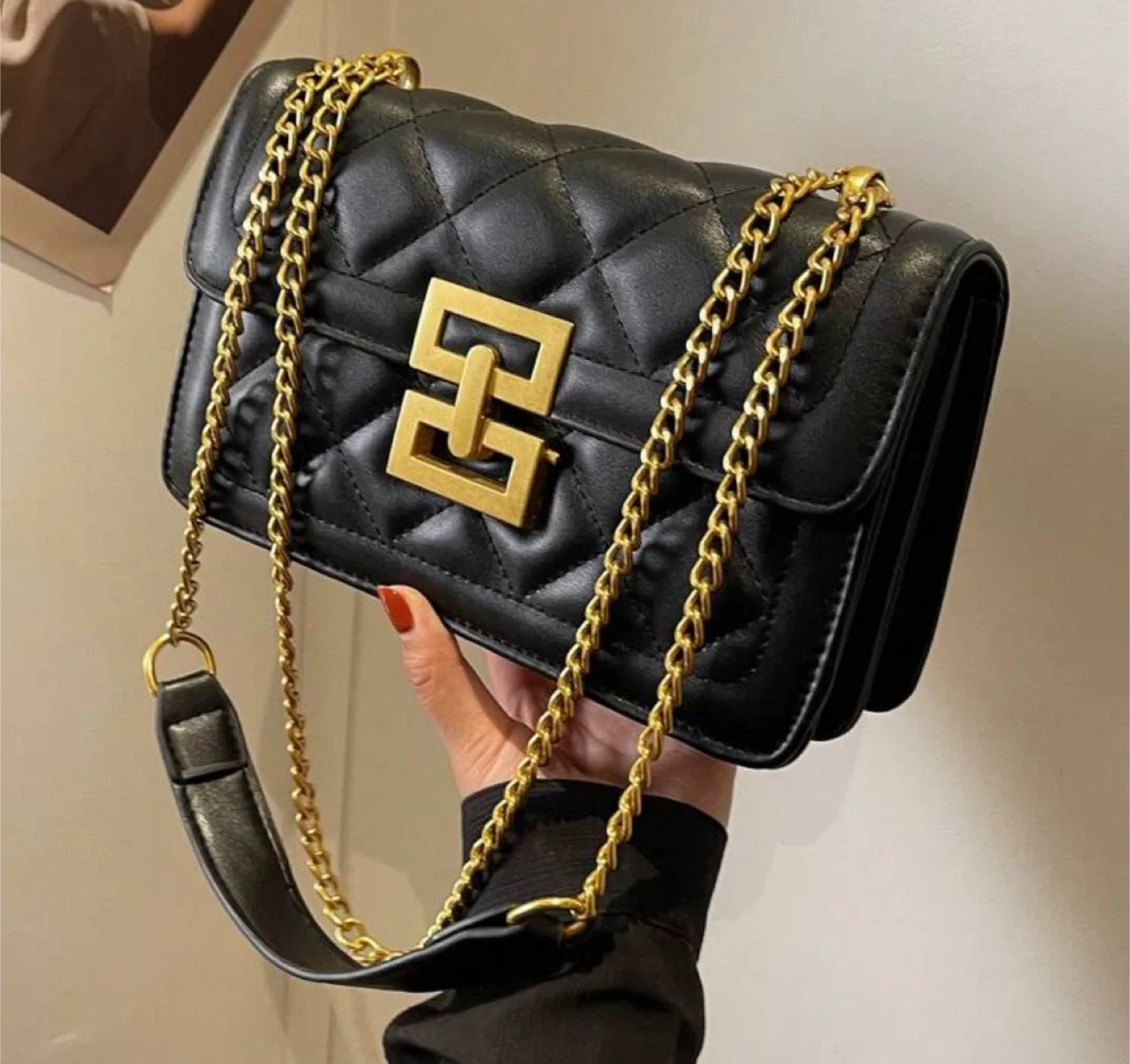 Black Quilted Shoulder Bag with Gold Chain
