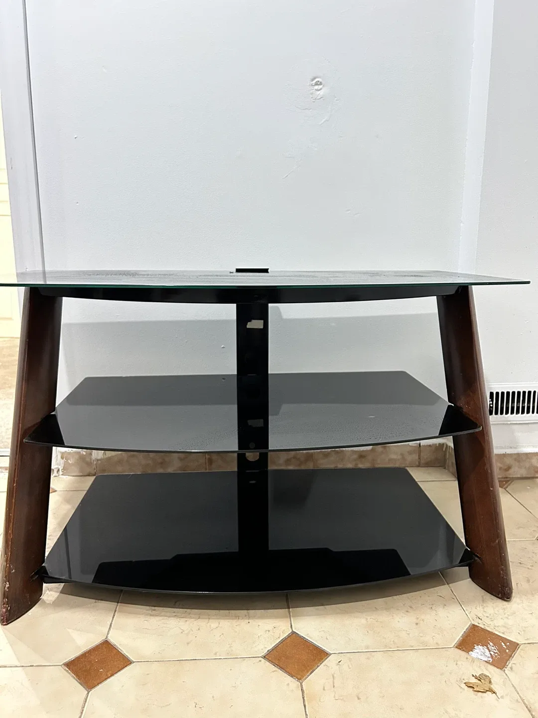 Black Glass TV Stand with Wood Legs