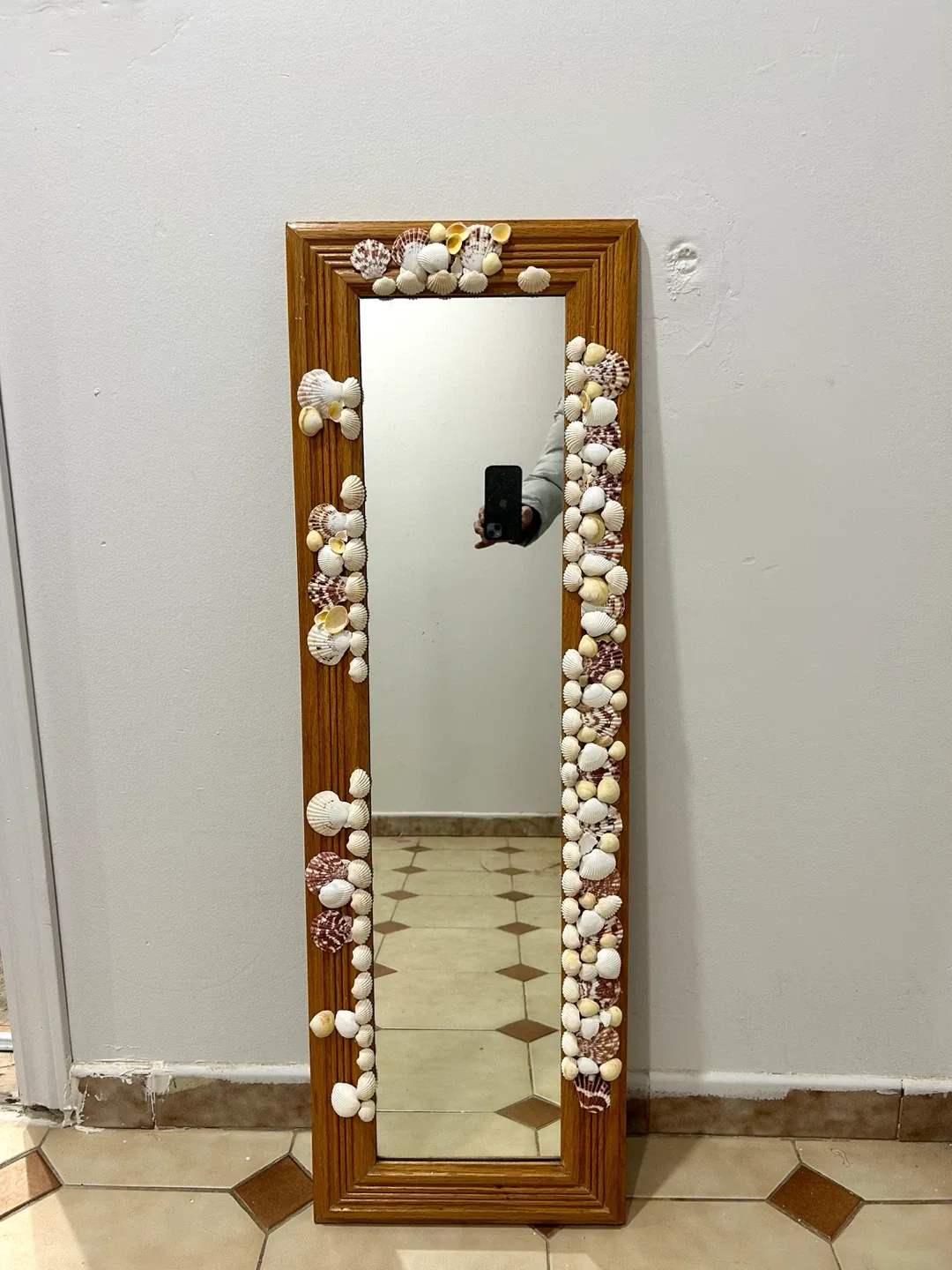 Seashell-Decorated Wood Framed Mirror