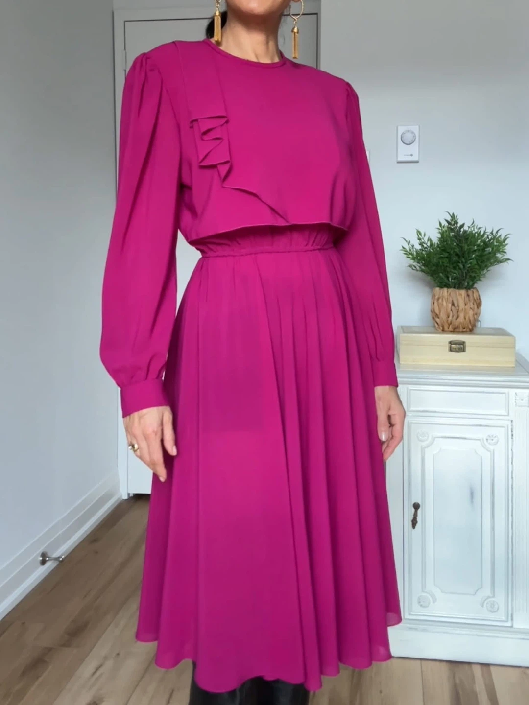 Vintage 70’s Raspberry Red Chiffon Midi Dress