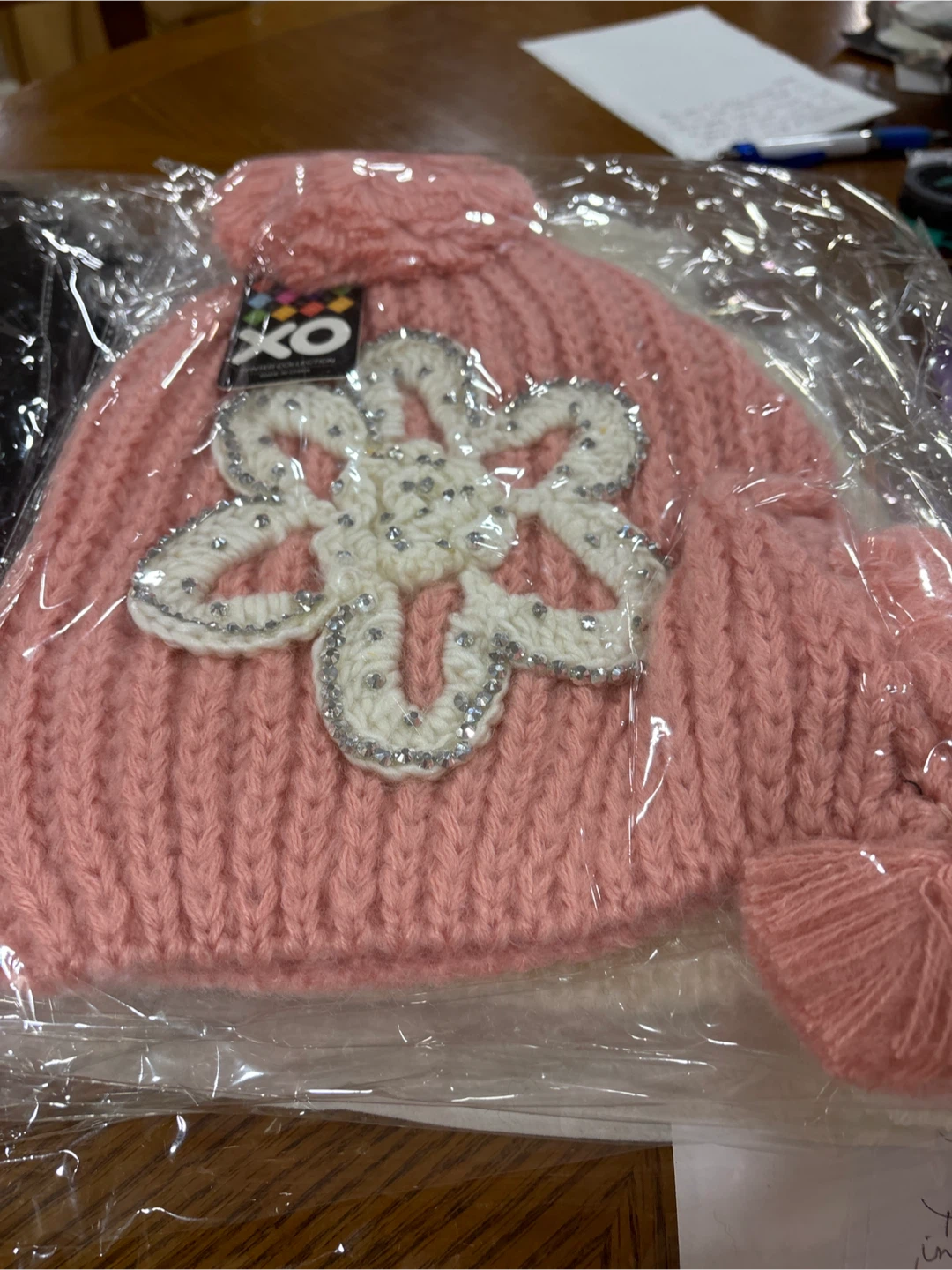 XO Pink Knit Beanie Hat - New