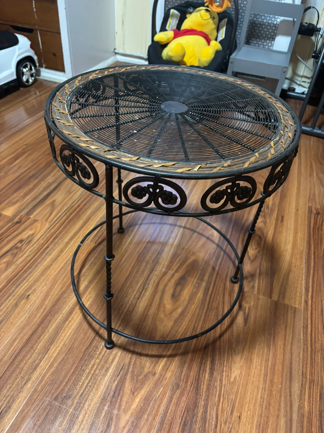Round Metal and Wicker Accent Table