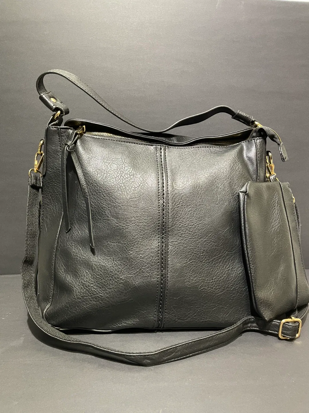 Black Faux Leather Hobo Bag with Pouch