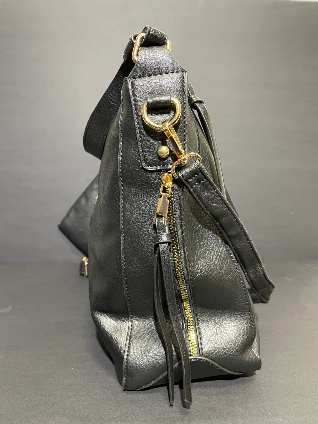 Black Faux Leather Hobo Bag with Pouch - photo 4