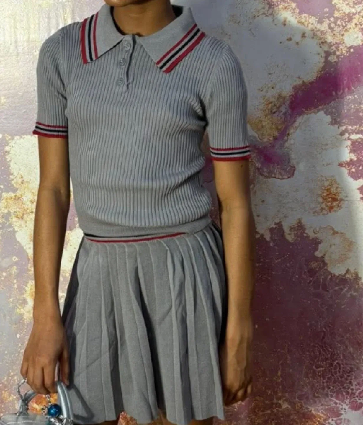 Gray Knit Top & Pleated Skirt Set