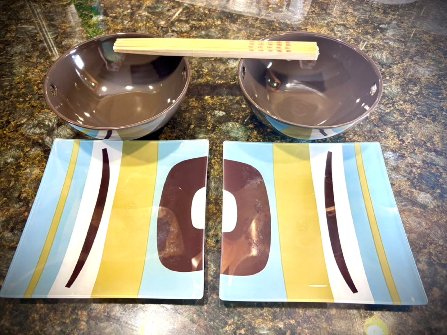 2 Japanese Ramen Bowls & Sushi Plates with Chinese Chopsticks