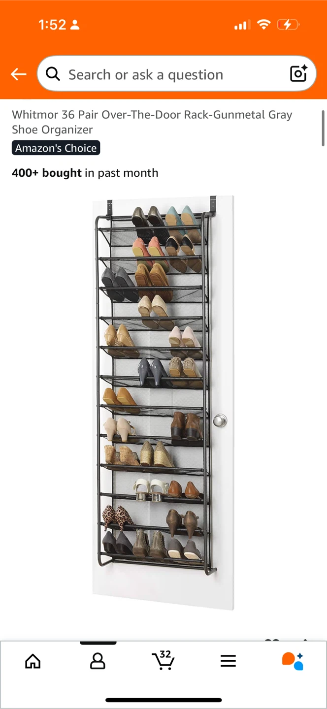 Whitmor 36 Pair Over-The-Door Shoe Rack - Gunmetal Gray